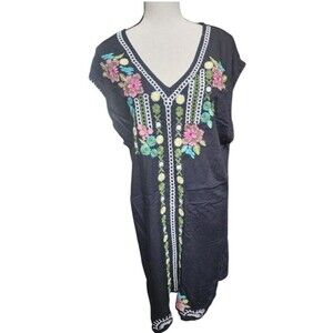 Shoreline Embroidered Boho Dress Size XL Black Rayon